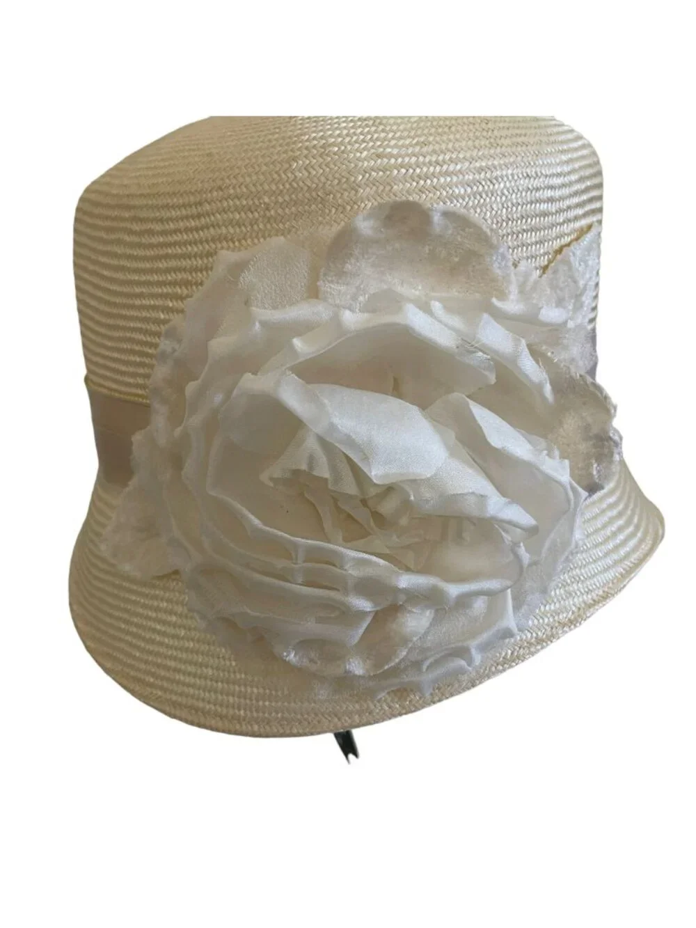Louise Green Ivory Straw Hat With Satin Ribbon & Floral Accent